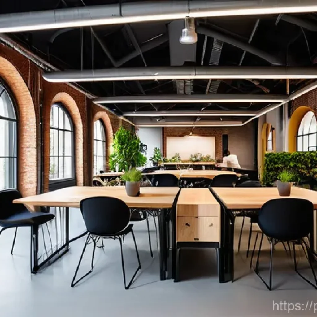 크리에이티브 허브와 창의적 작업 환경 - **Prompt:** "A bustling and modern coworking space located within a beautifully renovated industrial...