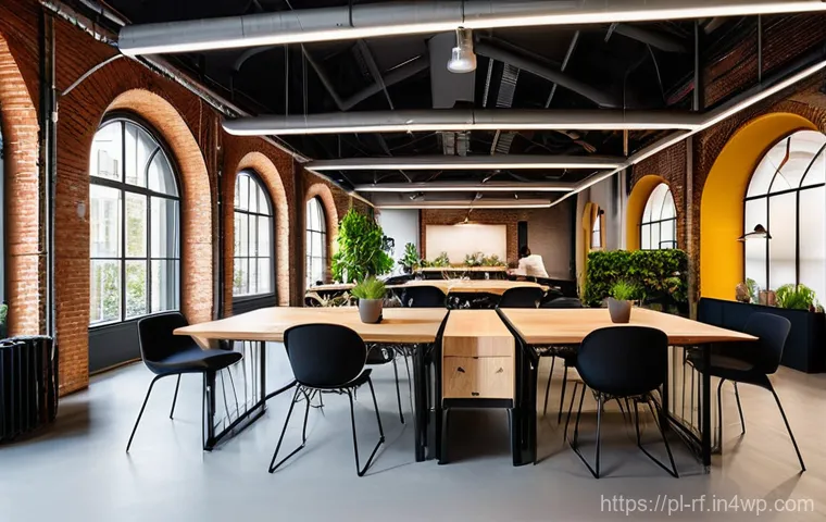크리에이티브 허브와 창의적 작업 환경 - **Prompt:** "A bustling and modern coworking space located within a beautifully renovated industrial...