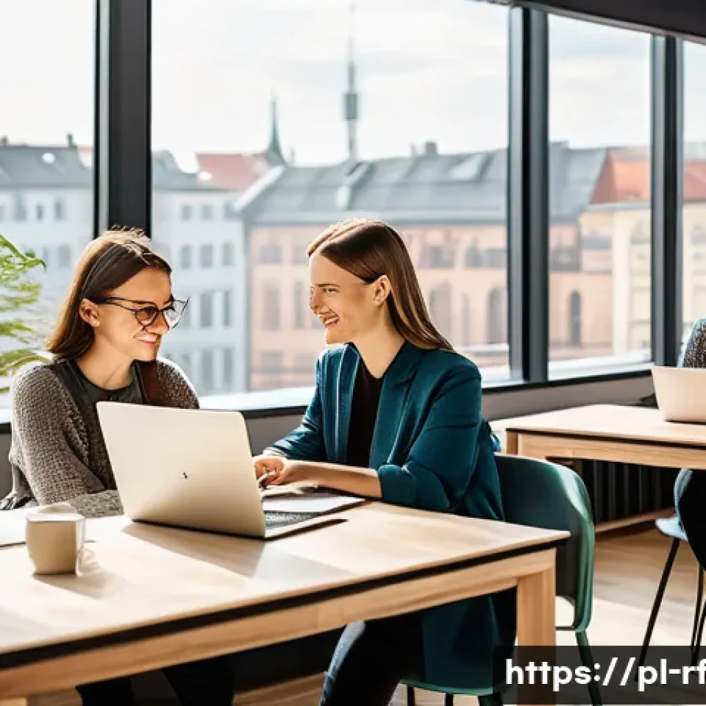 크리에이티브 허브와 지역 사회 발전 - A vibrant modern coworking space in a Polish city, filled with young entrepreneurs and creatives wor...