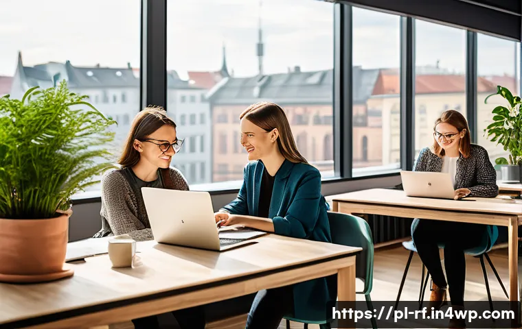 크리에이티브 허브와 지역 사회 발전 - A vibrant modern coworking space in a Polish city, filled with young entrepreneurs and creatives wor...