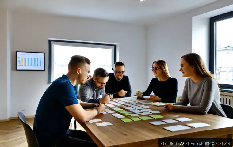 크리에이티브 허브에서의 프로젝트 관리 기법 - Photorealistic creative hub project planning session in a modern Warsaw coworking studio, diverse Po...