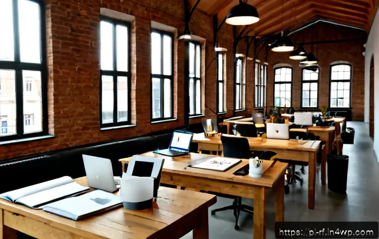 크리에이티브 허브의 성공적인 운영 사례 - Photorealistic wide-angle view of a successful creative hub in a renovated brick building in Warsaw,...